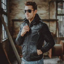Load image into Gallery viewer, Men's Real Leather Jacket Men Motorcycle Removable Hood winter coat Men Warm Genuine Leather Jackets